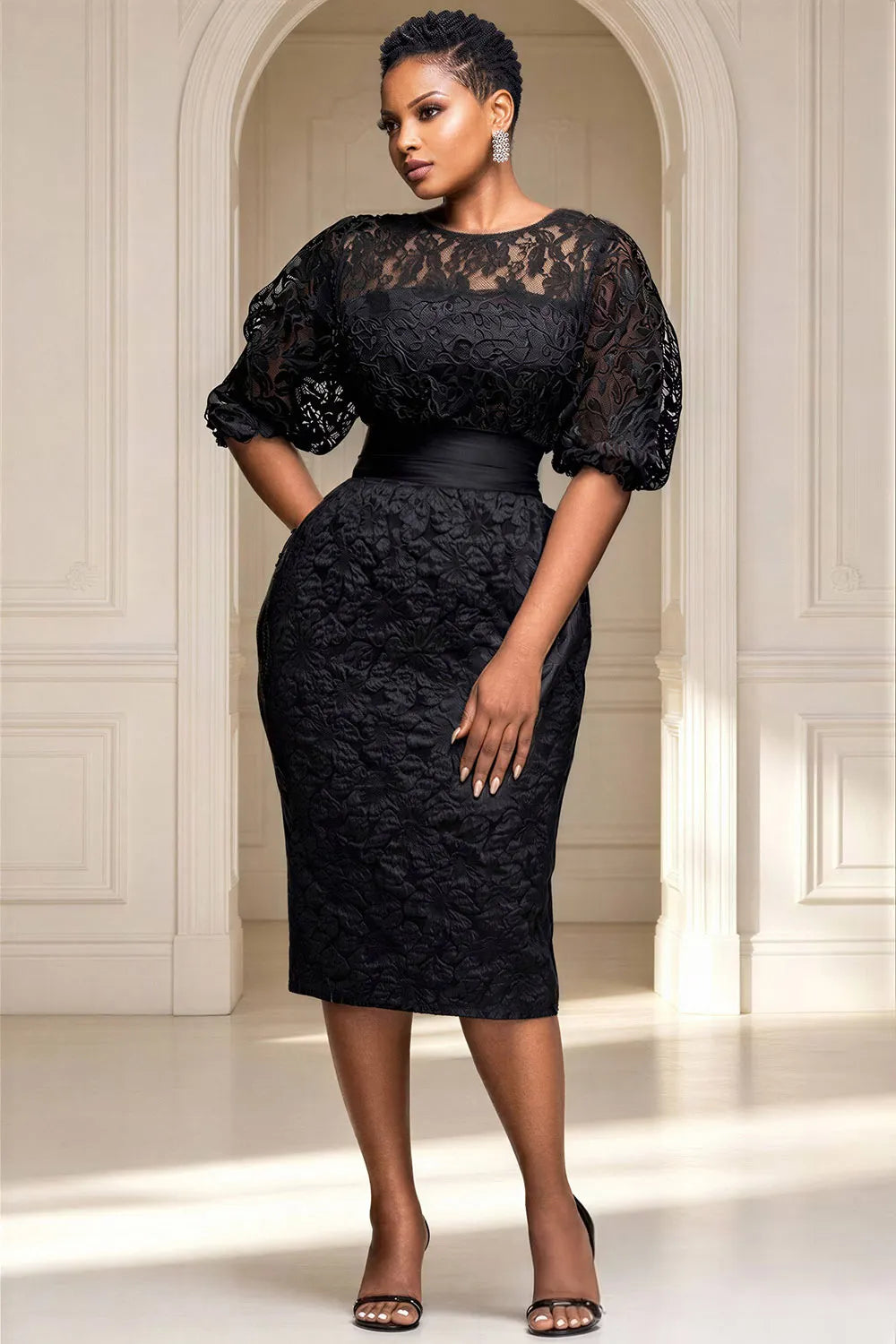 Party Satin Black Round Neck Half Sleeve Pocket See Through Lace Midi Dresses [Pre-Order]