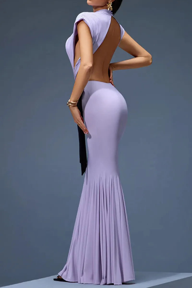 Women Lavender High Neck Cap Sleeve Cutout Waist Black Bow Mermaid Maxi Dress