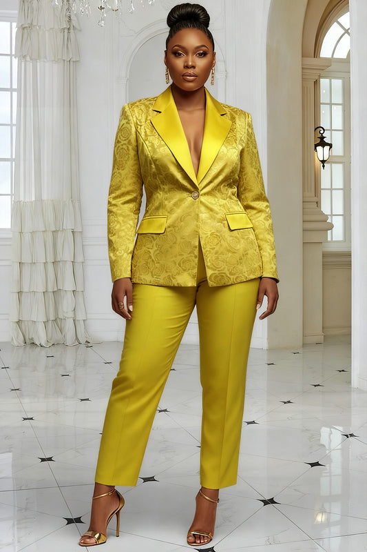 Christmas Gold Lapel Collar Long Sleeve Jacquard Elegant Satin Two Piece Pant Suits