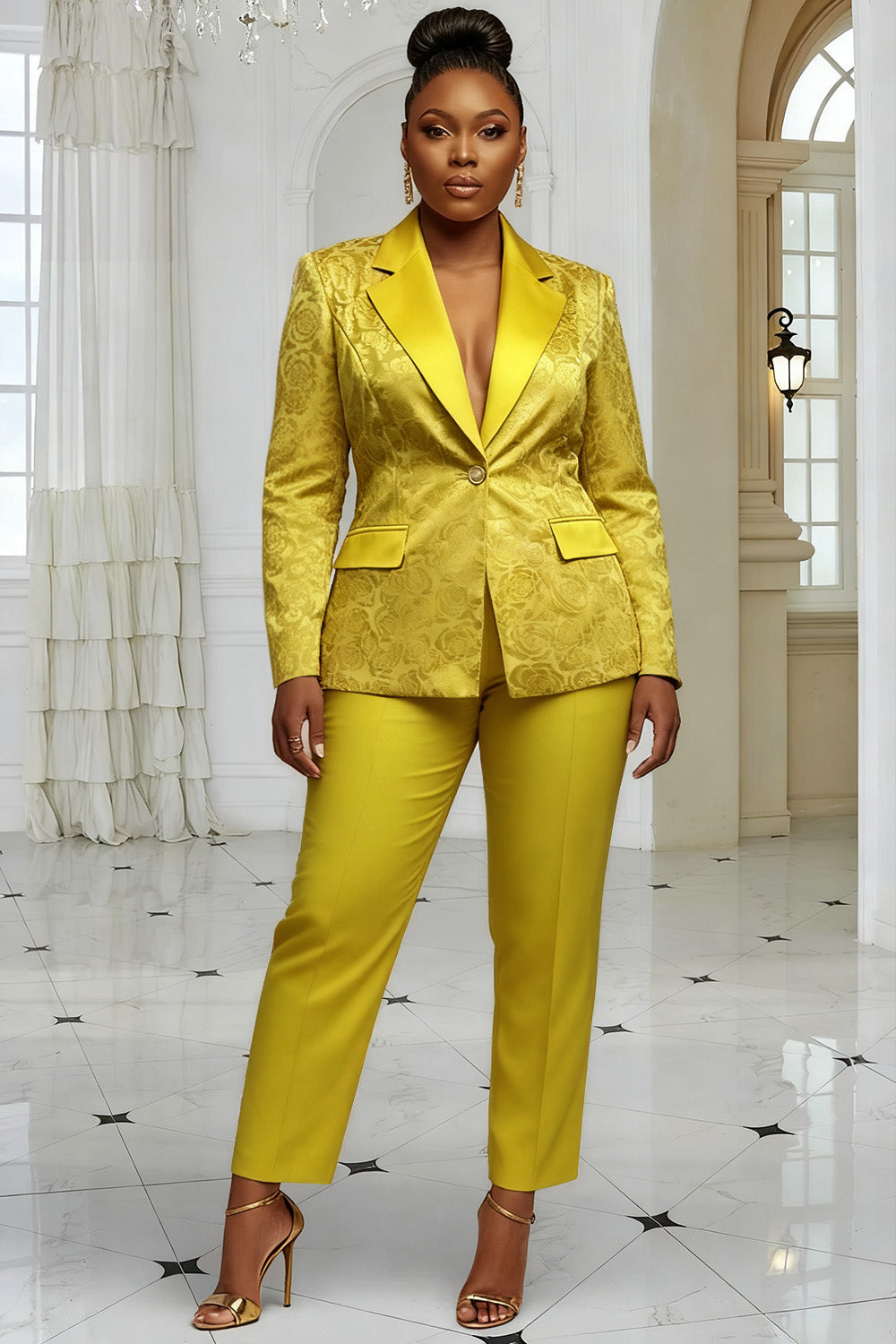 Christmas Gold Lapel Collar Long Sleeve Jacquard Elegant Satin Two Piece Pant Suits