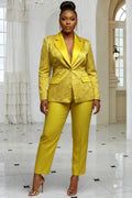 Christmas Gold Lapel Collar Long Sleeve Jacquard Elegant Satin Two Piece Pant Suits