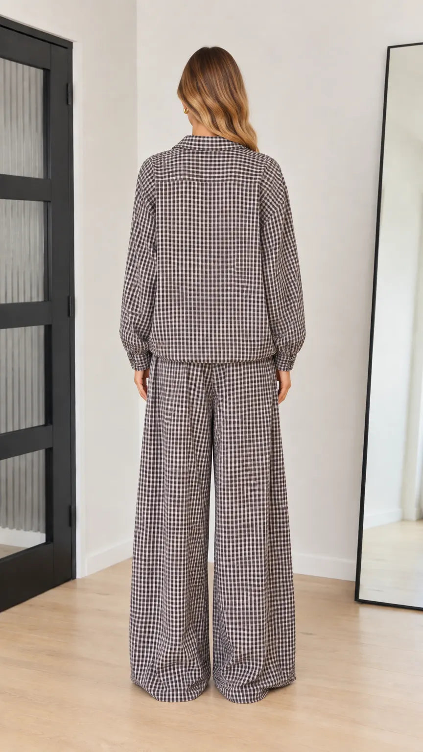 Women's Gingham Collared Long Sleeve Top and Wide-Leg Pants Two-Piece Set
