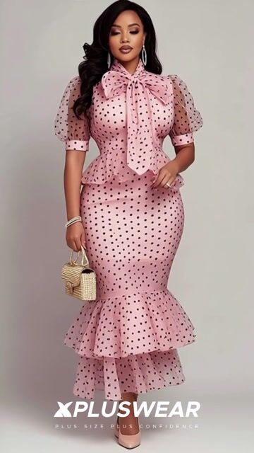 Business Casual Pink Polka Dot Mock Neck Puff Sleeve Short Sleeve Ruffle Bodycon Organza Two Piece Skirt Sets