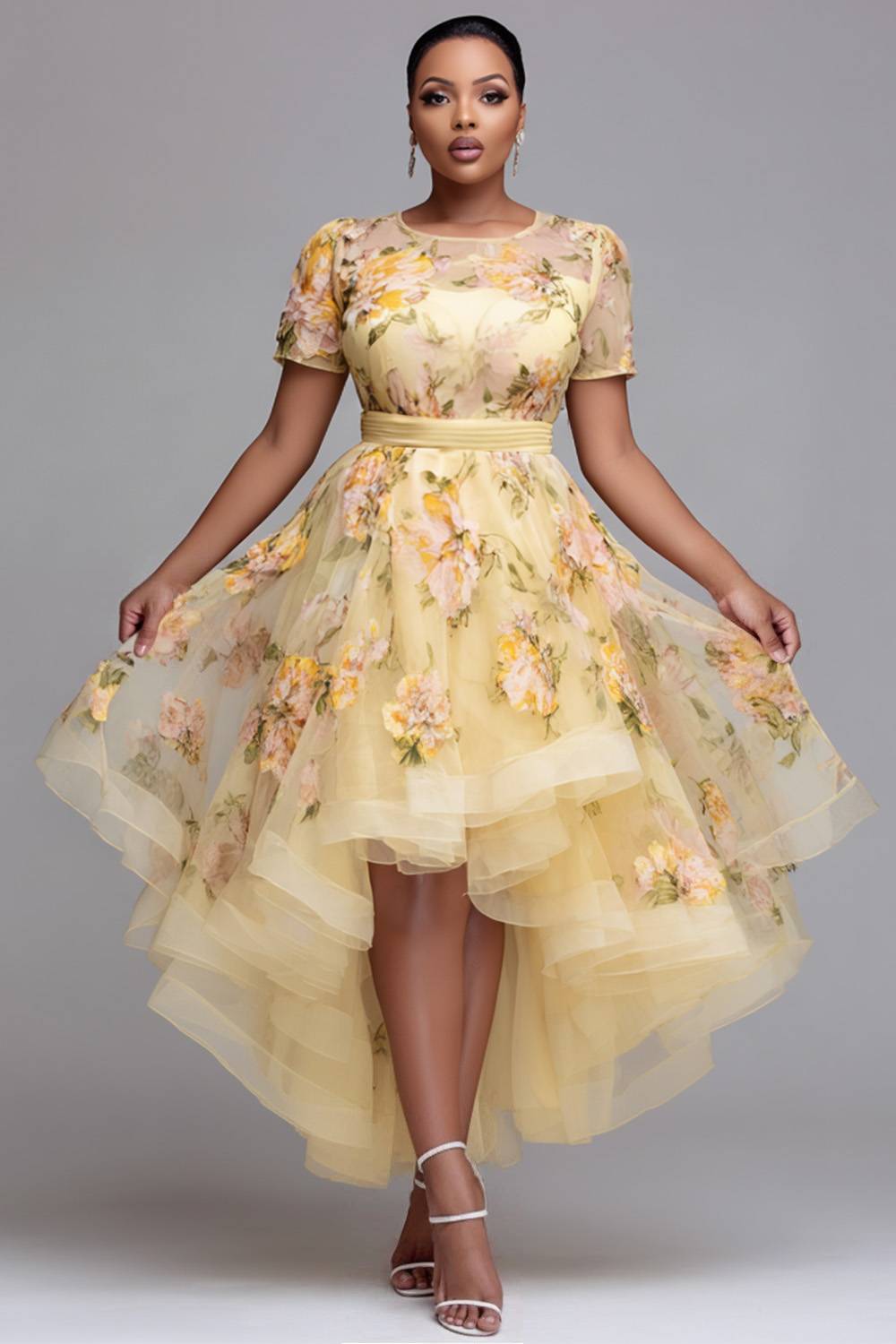 Wedding Guest Yellow Floral Round Neck Short Sleeve High Low Hem Tulle Midi Dresses