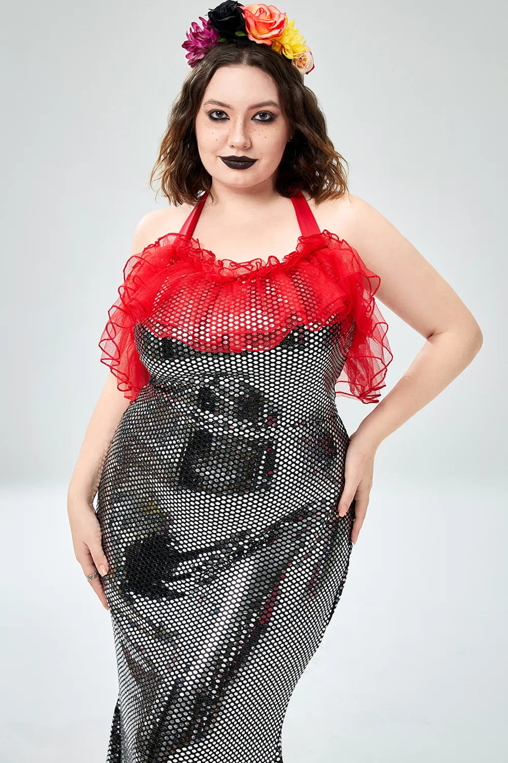 Halloween Costume Black Mermaid Gothic Overlay Ruffle Sequin Maxi Dress(Ships 24h)