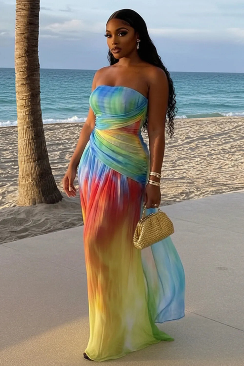 Strapless Ruched Slim Fit Mesh Vacation Maxi Dresses-Multicolor