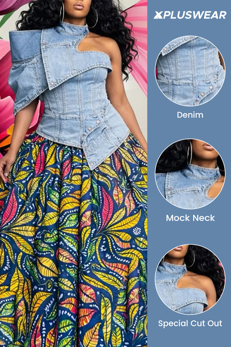 Plus Size Party Casual Blue Mock Neck One Shoulder Short Sleeve Asymmetric Hem Irregular Hem Cut Out Denim Tops