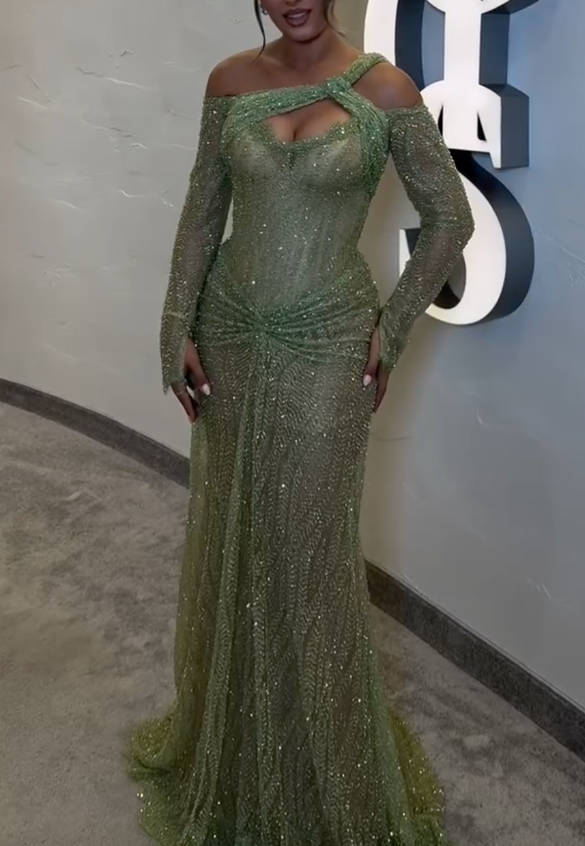 Mint Green Beaded One-Shoulder Maxi Dress with Cutout & Ruched Waist