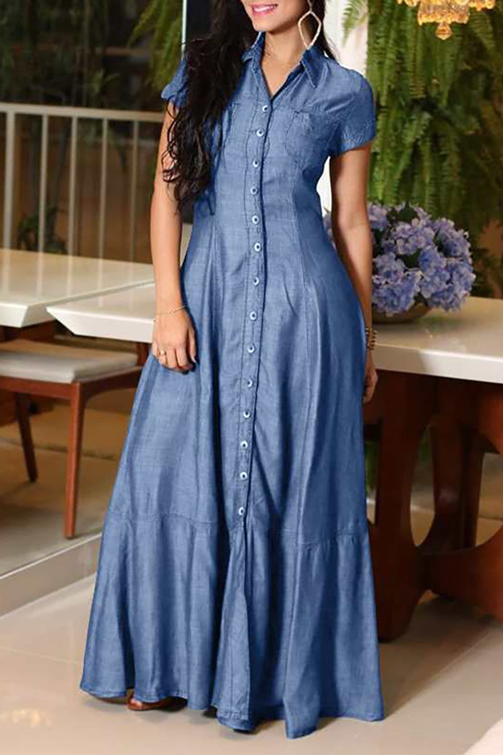 Plus Size Casual Dress Light Blue Button Shirt Collar Denim Maxi Dress With Pocket