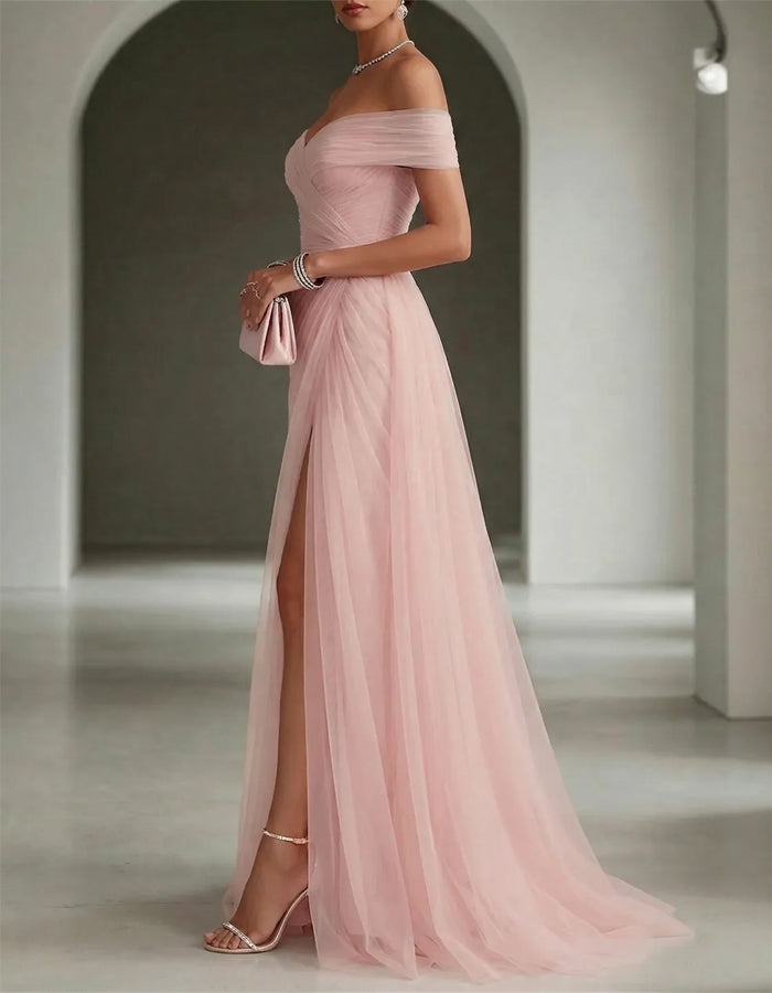 Solid Color Off Shoulder Mesh Ruching And Slit  Maxi Dress