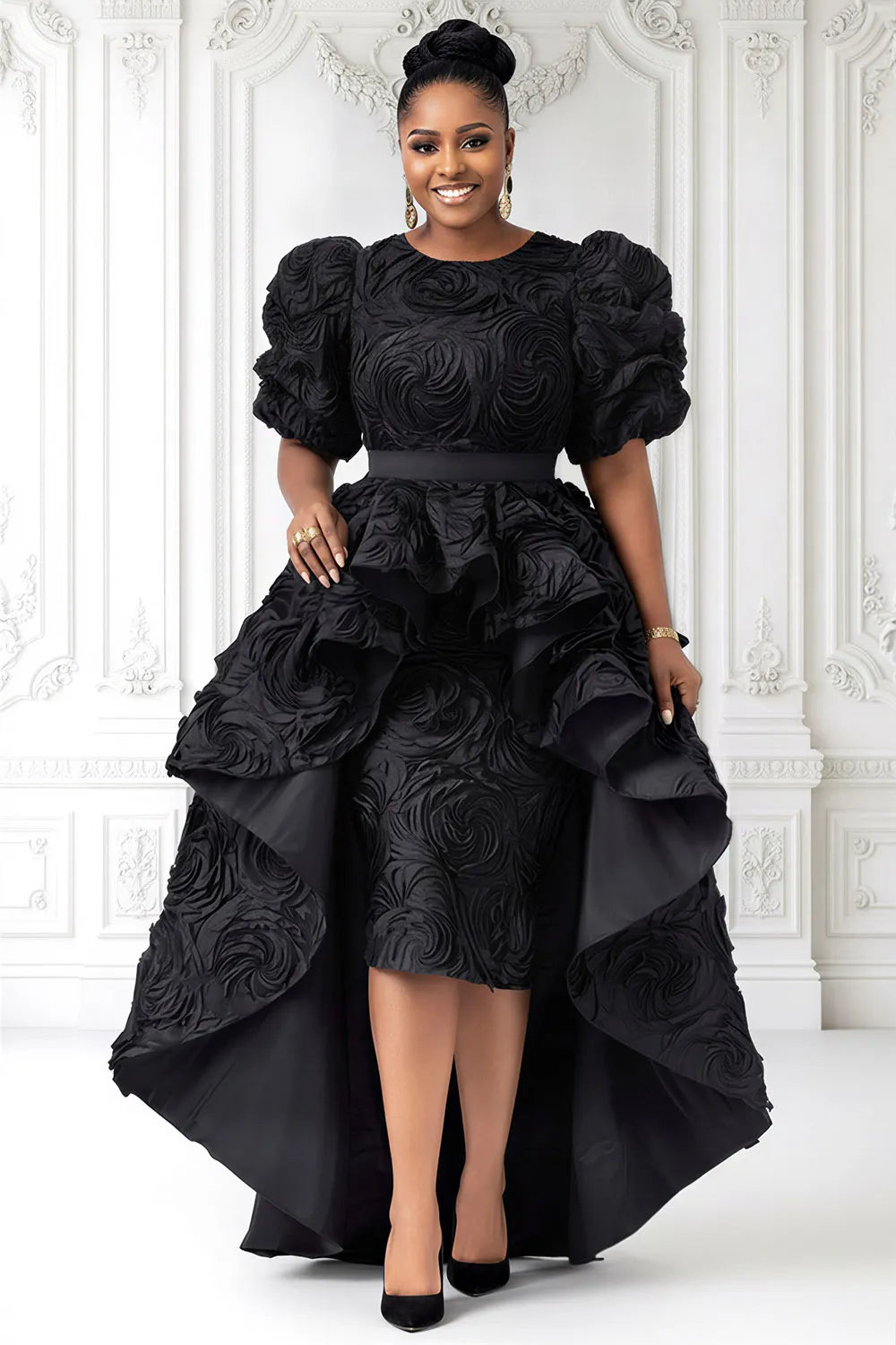 Jacquard  Black Round Neck Puff Sleeve Short Sleeve With Skirt Overlay Midi Dresses