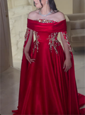 Red Rhinestone Off-Shoulder Maxi Dress with Cape Sleeves & Ball Gown Skirt