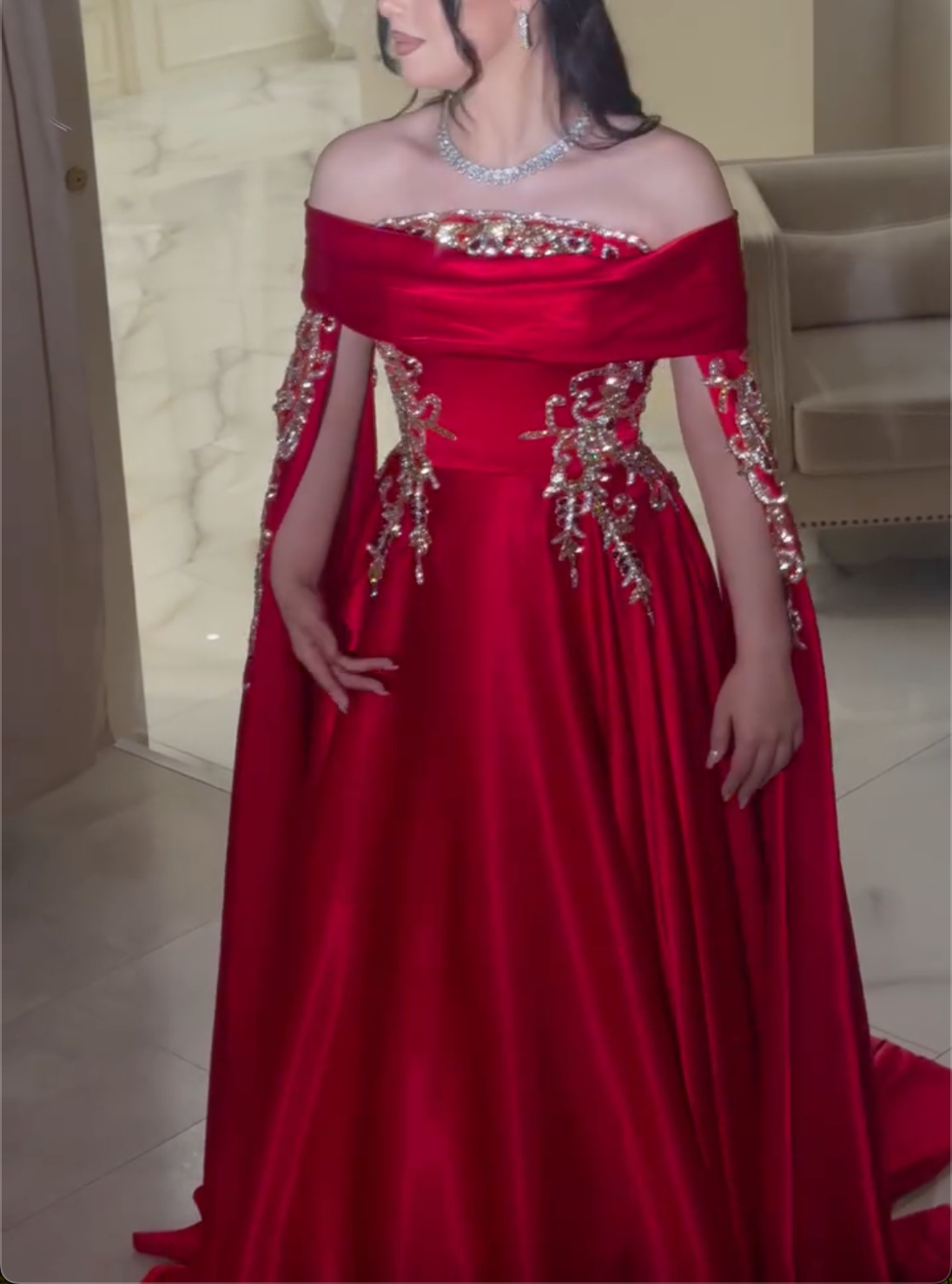 Red Rhinestone Off-Shoulder Maxi Dress with Cape Sleeves & Ball Gown Skirt
