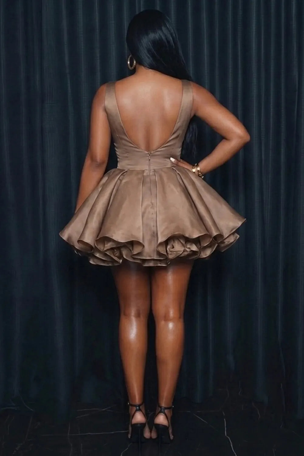 Wide Strap Deep V Neck Puff Ruffle Hem Party Mini Dresses-Mocha [Pre Order]