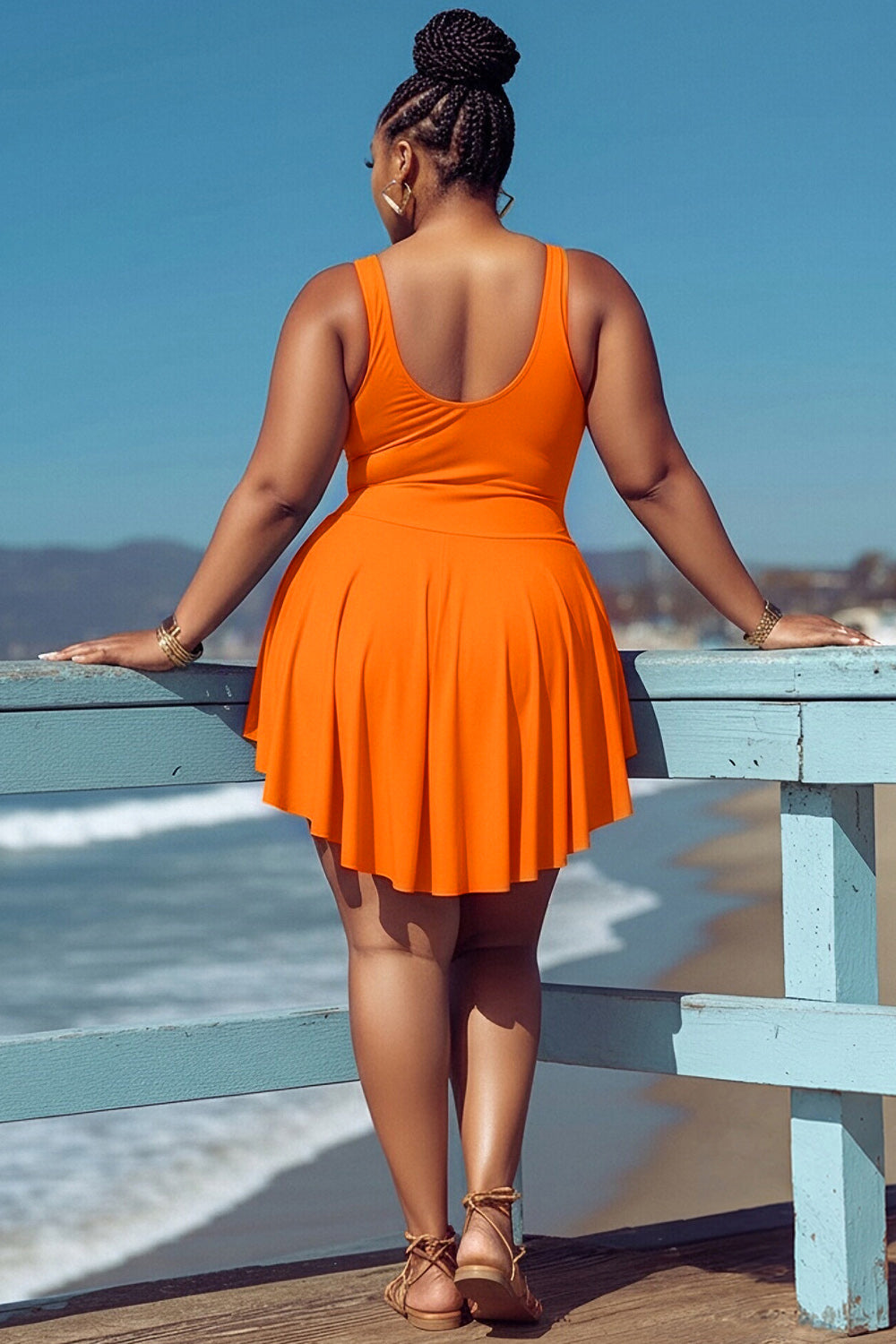 Beach Orange Round Neck Ruffle Swimsuit Fabric Swimwear Dress