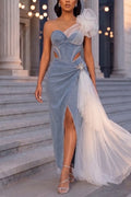 Women's Elegant Mesh Panel Asymmetric Hem Denim Dress