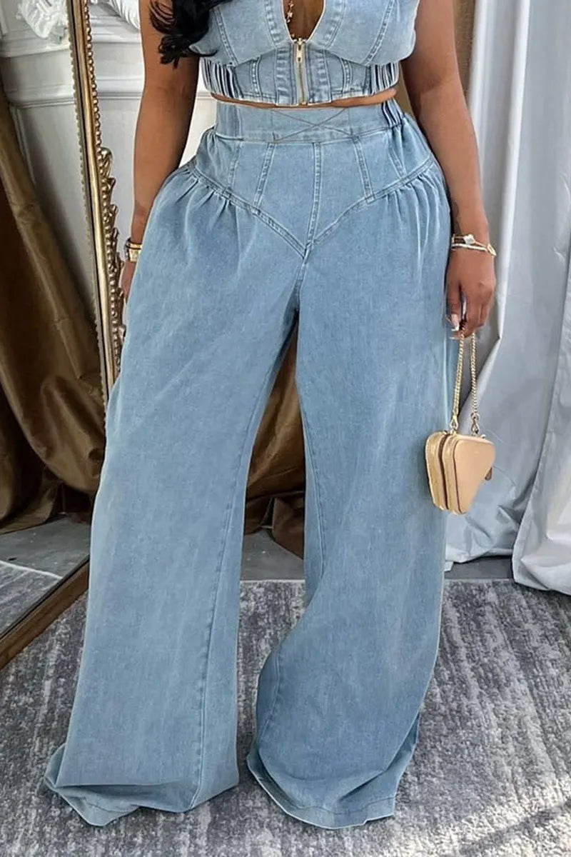 Women's Sleeveless Collar Zip Front Elastic Hem Denim Crop Top Or High Waist Gathered Wide Leg Pants