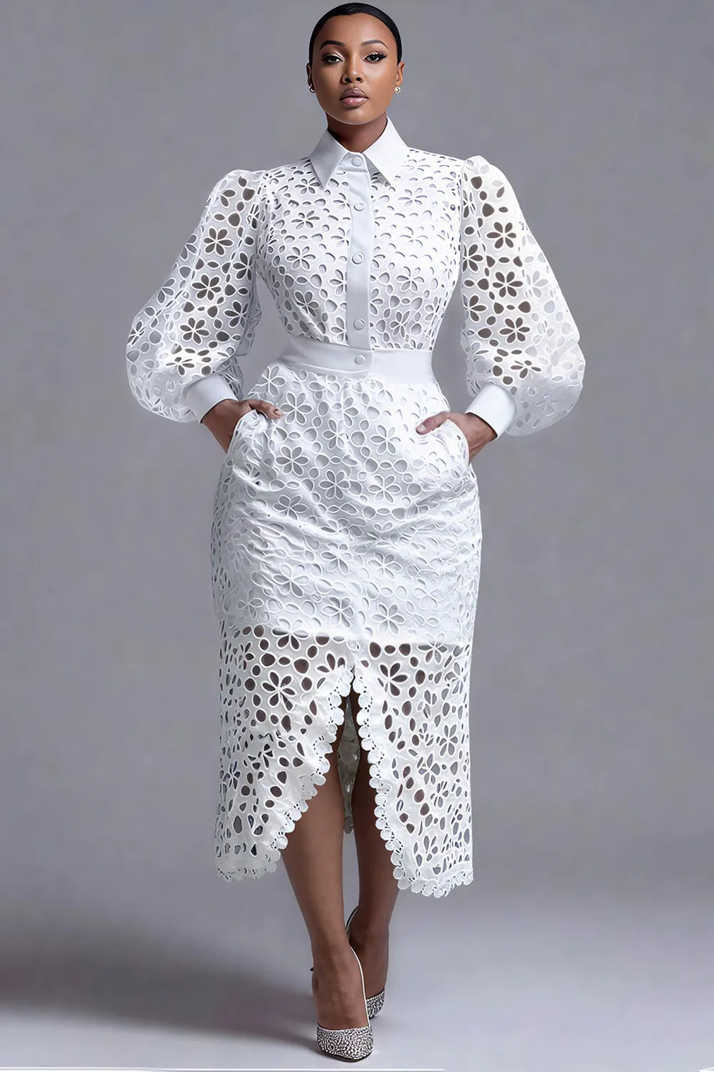 Business Casual White Shirt Collar Lantern Sleeve Long Sleeve Split Elegant See Through Lace Two Piece Skirt Sets