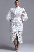 Business Casual White Shirt Collar Lantern Sleeve Long Sleeve Split Elegant See Through Lace Two Piece Skirt Sets