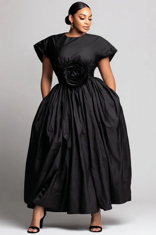 Semi  Black Round Neck Short Sleeve 3D Casual Pocket Maxi Dresses