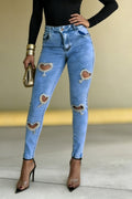 Women's Revival Style Rhinestone Heart-Shaped Cutout Jeans