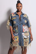Xpluswear Design Plus Size Party Blue Graphic Shirt Collar Short Sleeve Distressed Denim Mini Dresses