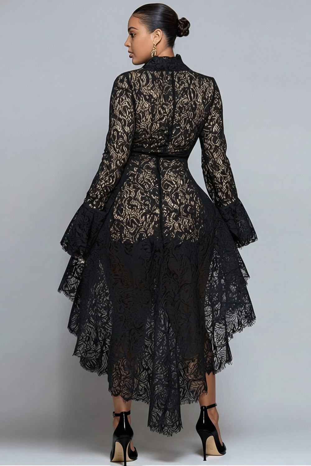 Party Black Stand-Up Collar Long Sleeve High Low Hem Elegant See Through Lace Mini Dresses