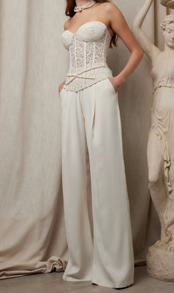 Ivory Lace Strapless Corset Top & Wide-Leg Pants Co-Ord Set