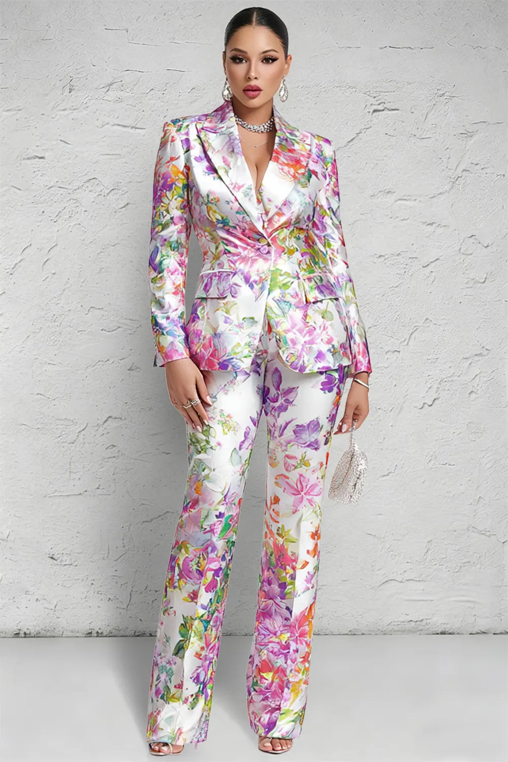 Multicolor Floral Lapel Collar Long Sleeve Pocket Satin Two Piece Pant Suits