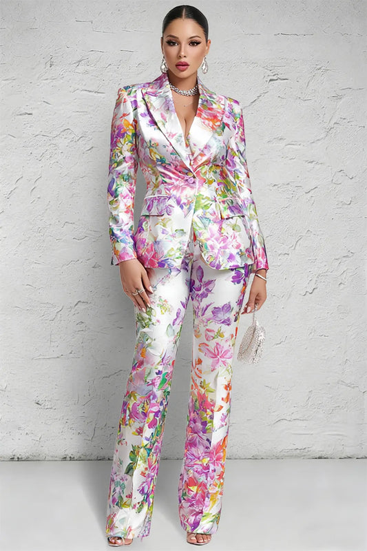 Multicolor Floral Lapel Collar Long Sleeve Pocket Satin Two Piece Pant Suits