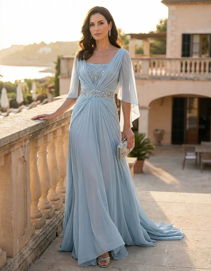 Ice Blue Chiffon Cape Sleeves Maxi Dress