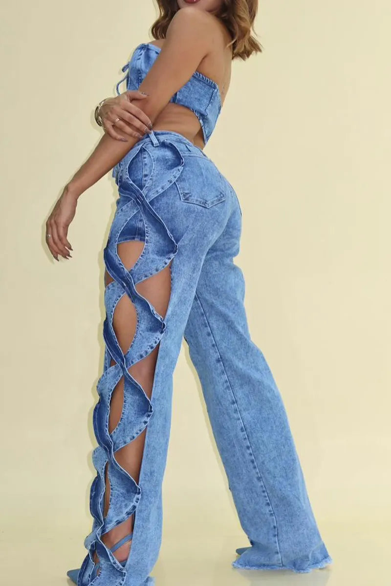 Women's Light Wash Denim Tie-Front Cutout Tube Top Or Ruffle Trim Cut-Out Wide Leg Pants