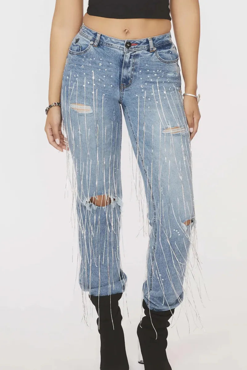 Ladies' Hot Selling Casual Fringe Ripped Tight Jeans