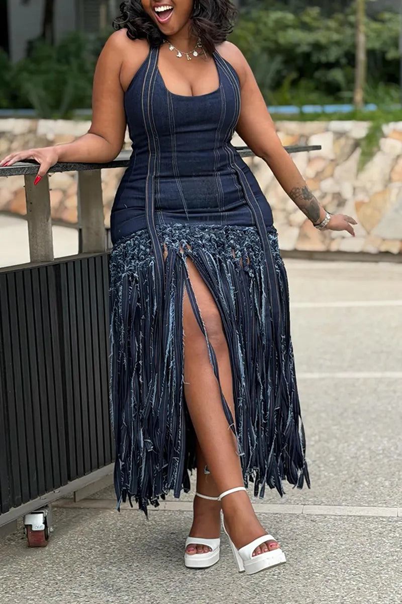 Women's Casual Denim Fringe Hem Halter Dress