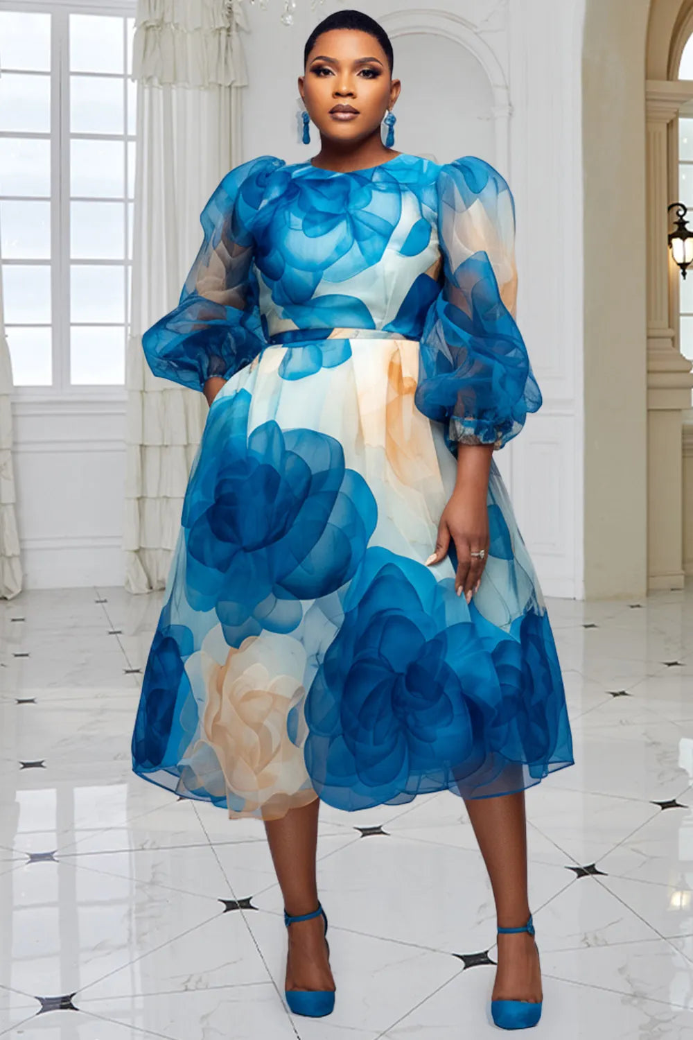 Cocktail Party Light Blue Round Neck Puff Sleeve 3/4 Sleeve Pocket Organza Midi Dresses