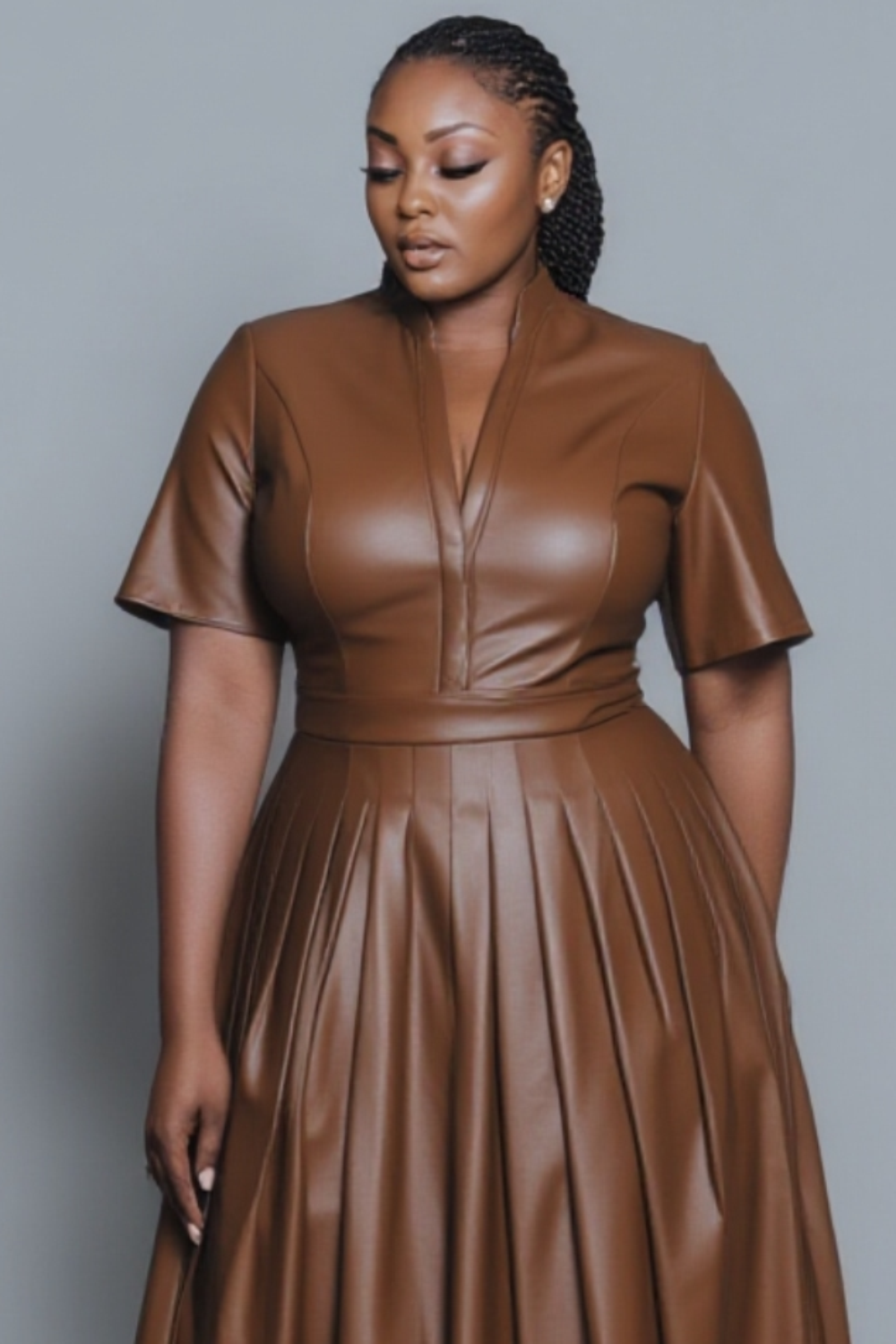 Business Casual Brown V Neck Short Sleeve Pleated Elegant PU Leather Midi Dresses