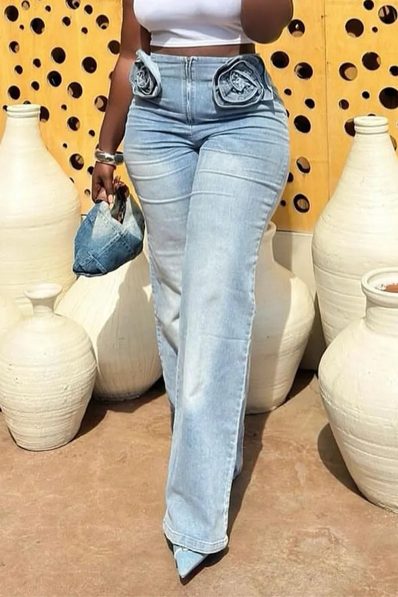 Women High Waist 3D Rose Floral Applique Light Wash Flare Jeans