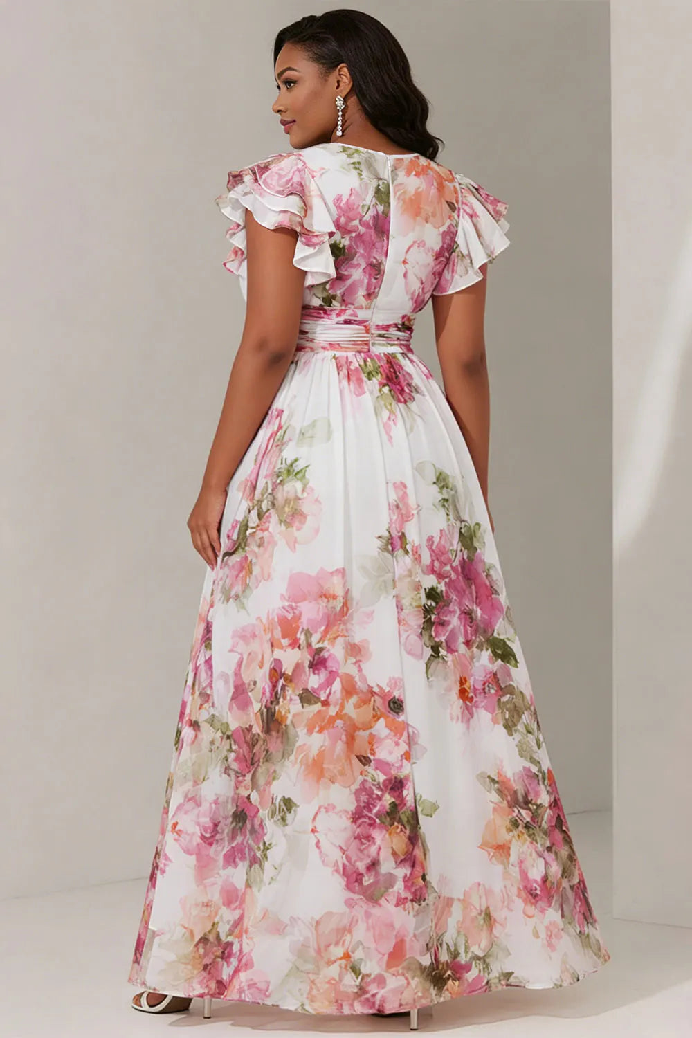 Vacation Pink Floral V Neck Flutter Sleeve Short Sleeve Ruffle Chiffon Maxi Dresses