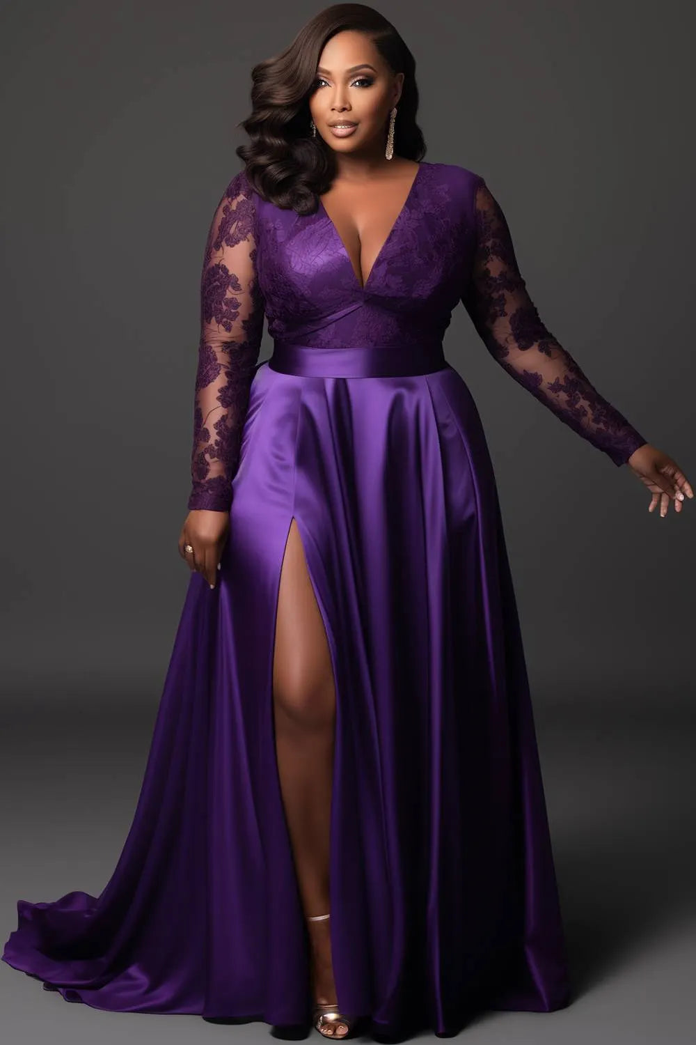 Purple V Neck Long Sleeve Split See Through Lace Satin Maxi Dresses
