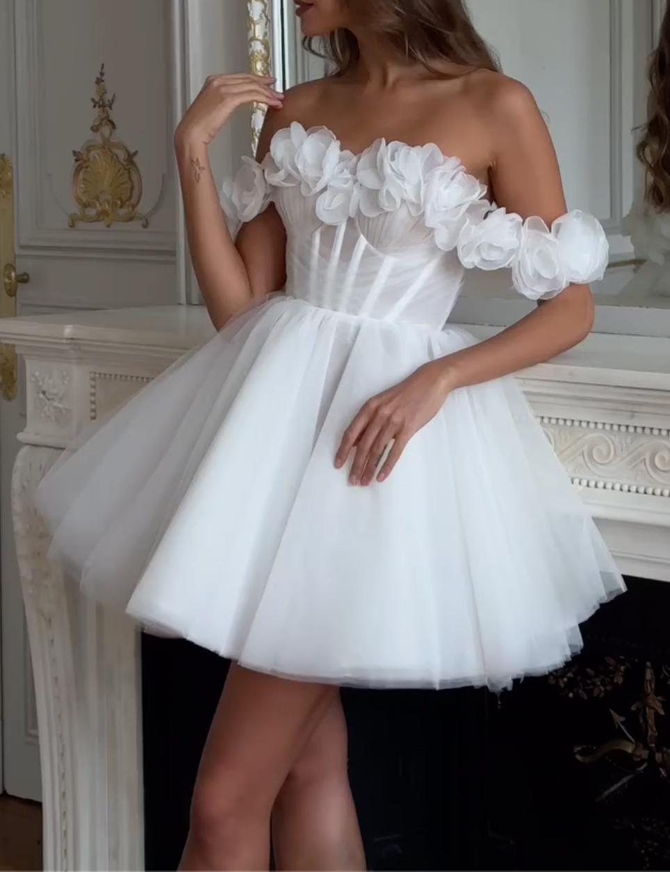 White Off-Shoulder 3D Flower Tulle Mini Dress - Corset Formal Cocktail Gown
