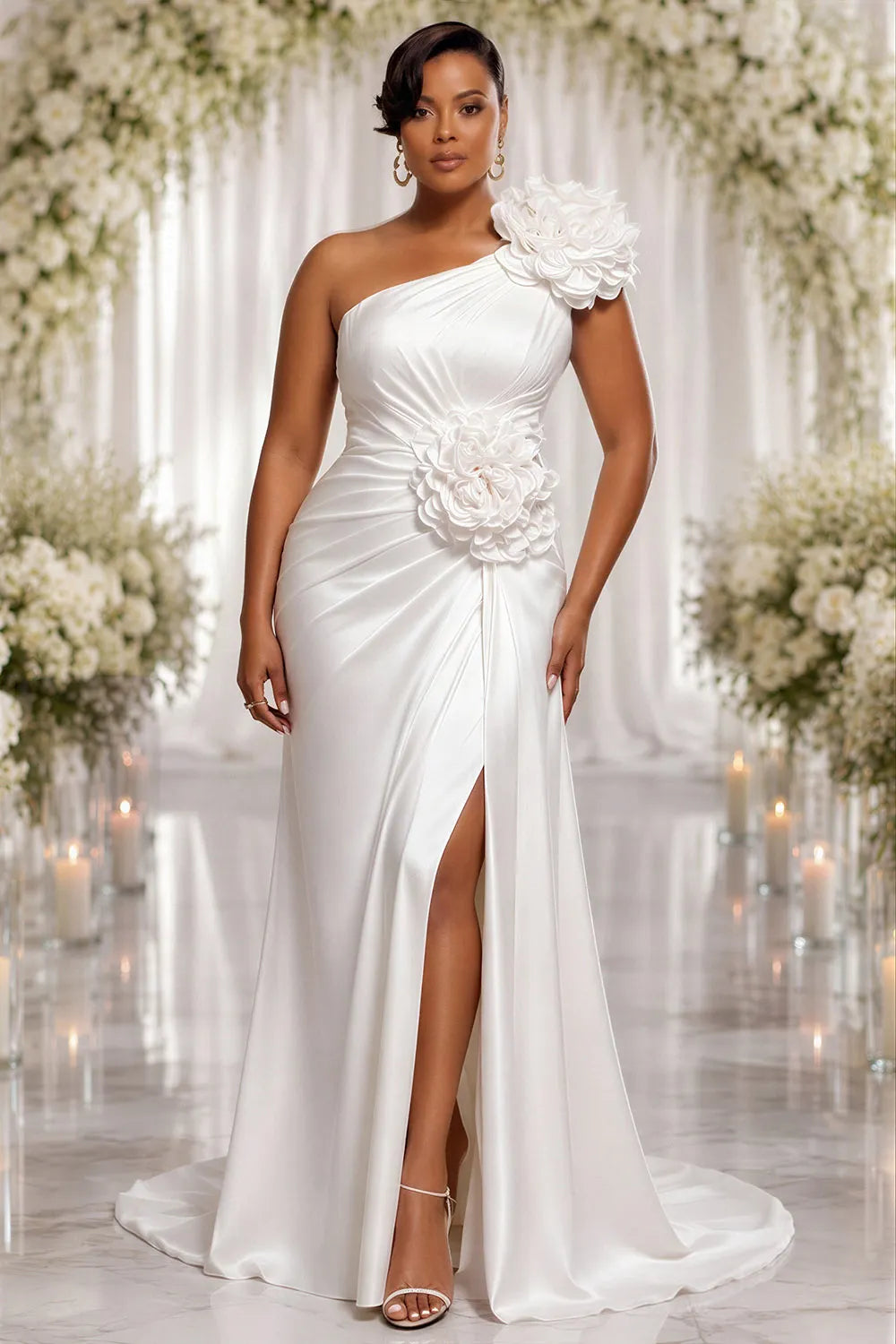 Wedding White Oblique Collar One Shoulder 3D Split Satin Maxi Dresses [Pre-Order]