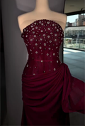 Burgundy/Black Strapless Maxi Dress with Floral Crystal Beading & Draped Skirt