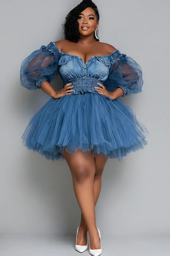 Xpluswear Design Plus Size Party Blue Off The Shoulder Short Sleeve Contrast See Through Tencel Denim Mini Dresses