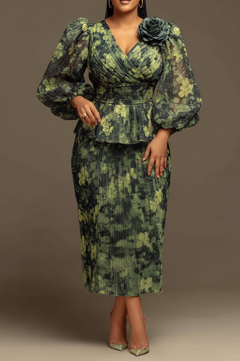 Green Floral Wrap Neck Lantern Sleeve 3/4 Sleeve 3D Pleated Chiffon Two Piece Skirt Sets