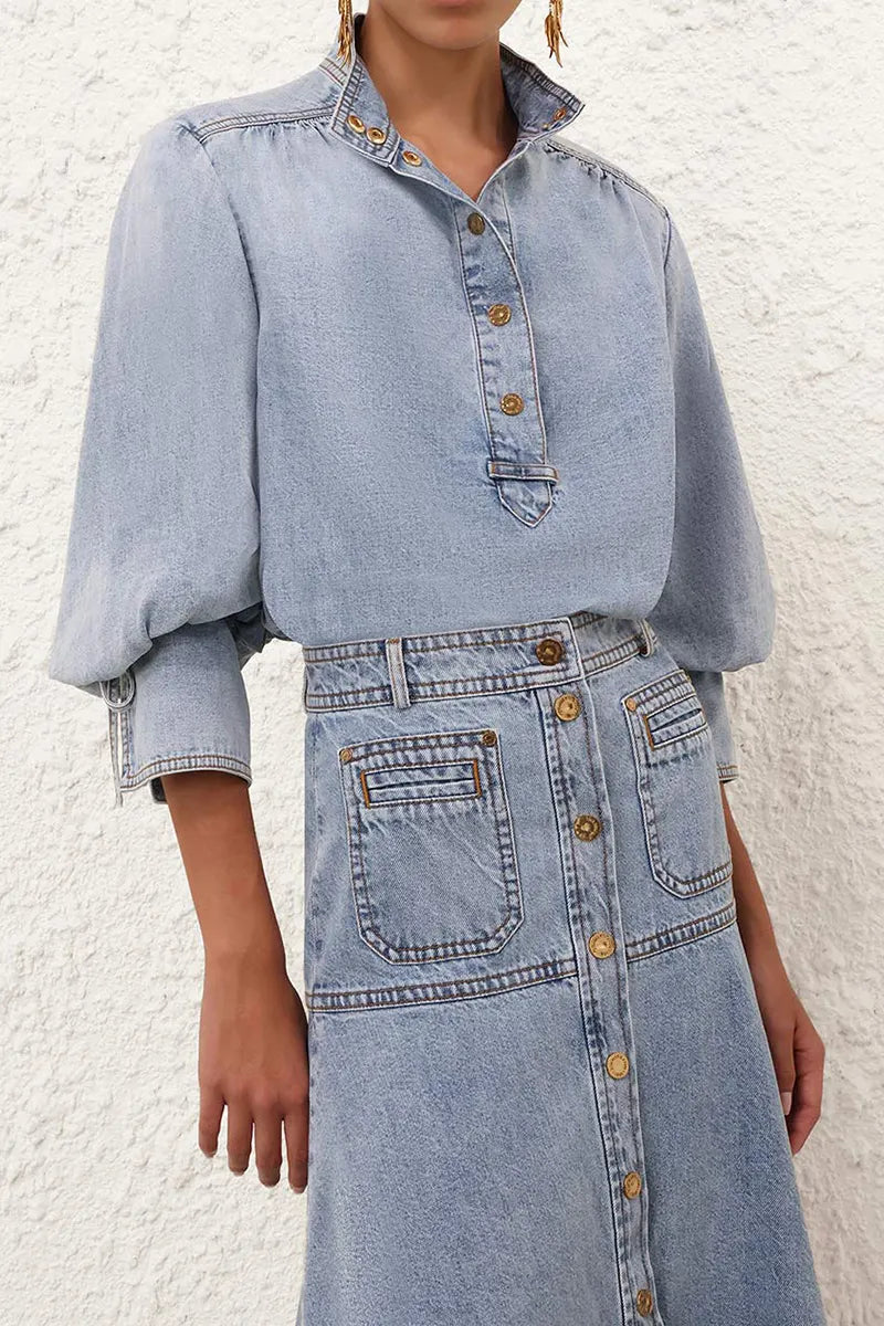 Women's Casual Button Up Denim Top & Casual Long Denim Skirt