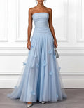 Solid Color Strapless 3D Floral Tulle Maxi Dress