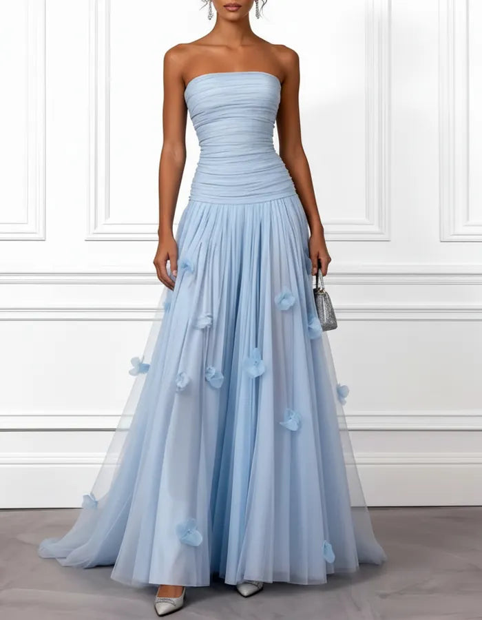 Solid Color Strapless 3D Floral Tulle Maxi Dress