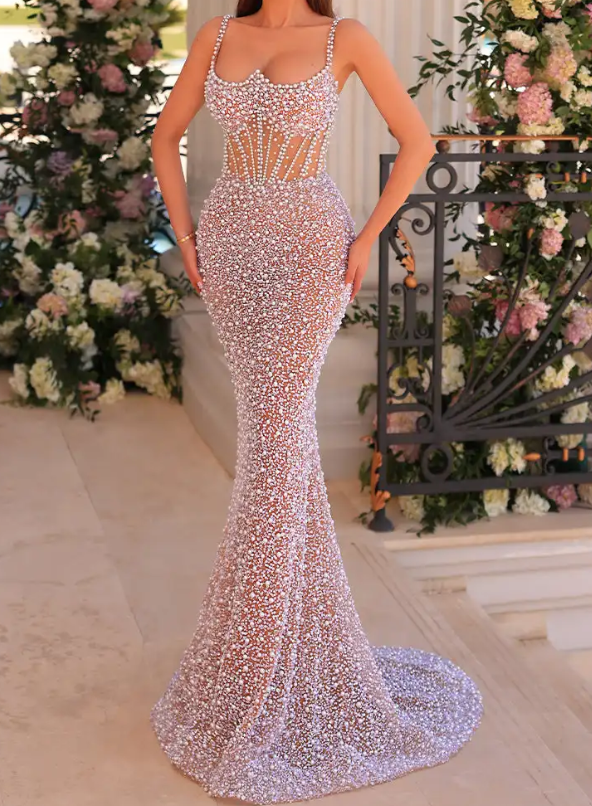 Nude Crystal Embellished Corset Mermaid Gown with Train