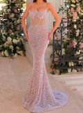 Nude Crystal Embellished Corset Mermaid Gown with Train