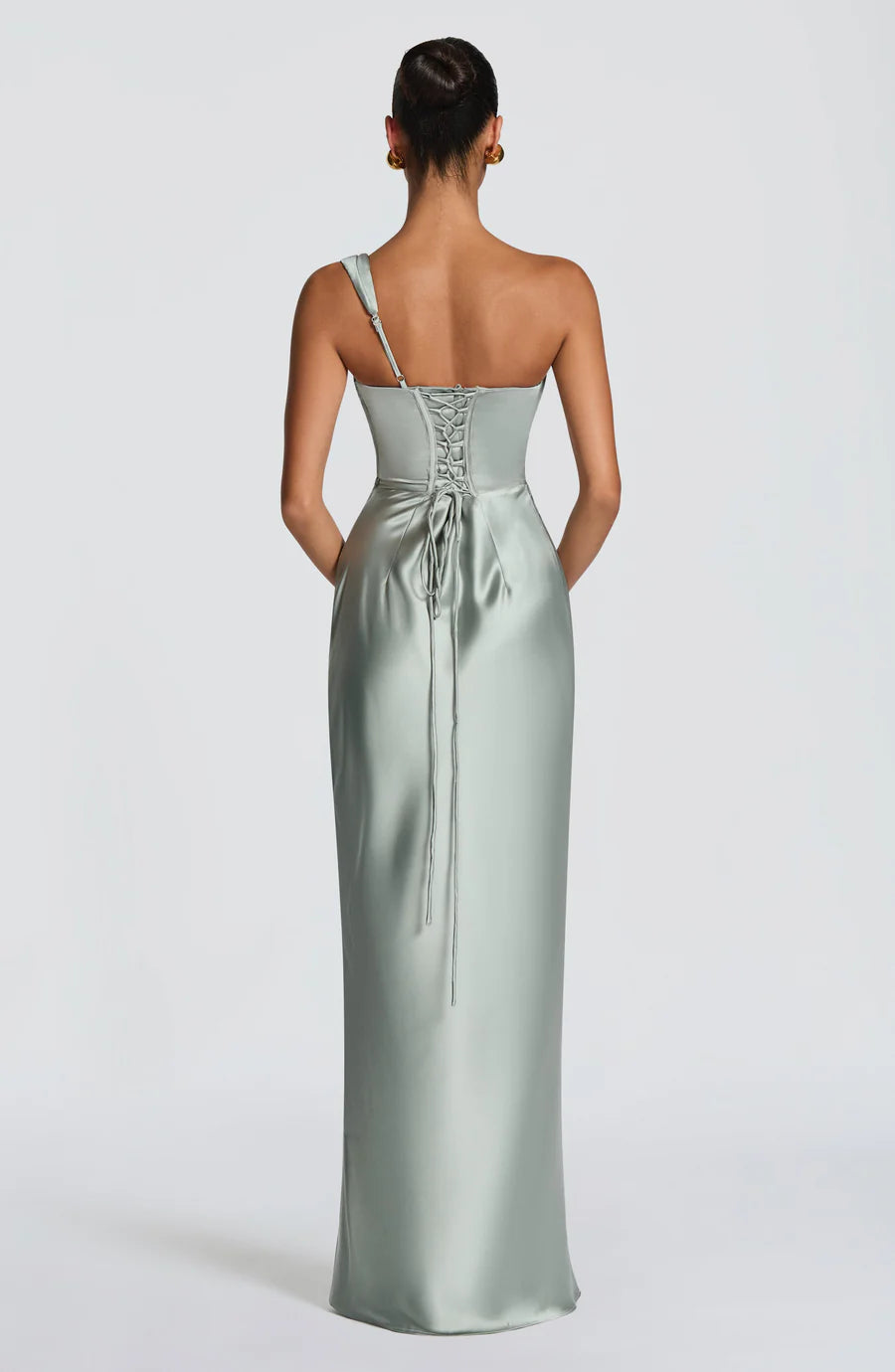 Sage Green Satin Corset Maxi Dress with Draped Detail - Elegant Formal Evening Gown